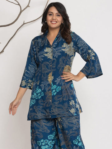Varanga Women Floral Printed Front Placket Shirt with Flared Palazzo
